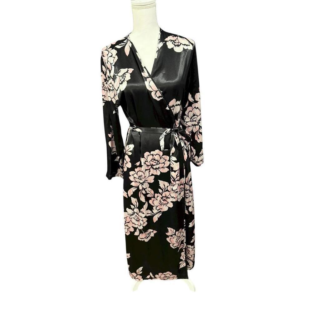 Vintage Oscar de la Renta Satin Floral Robe with Belt, Size Medium